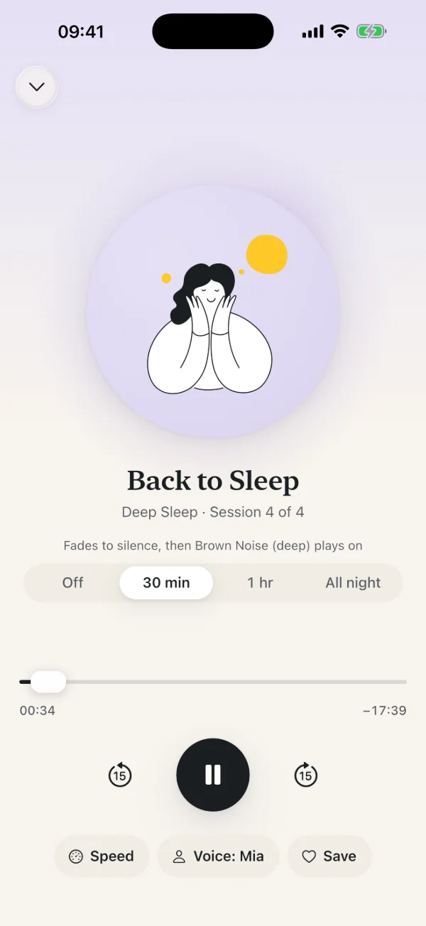 The session player playing Back to Sleep, session 4 of 4 of Deep Sleep: a drawing of a woman resting her face in her hands, a choice of how long Brown Noise plays on afterwards, and the play controls.